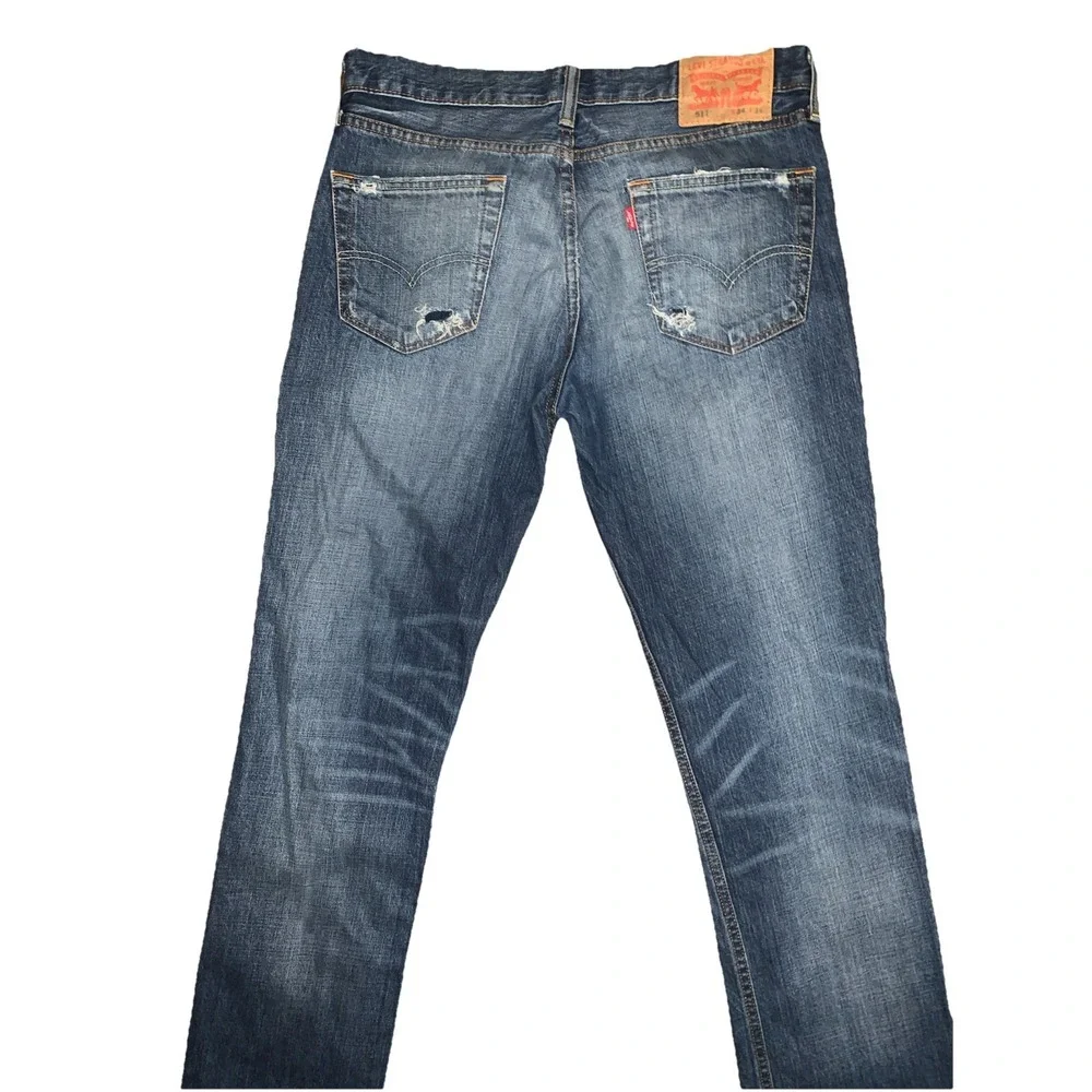 Levi's 511 Jeans Mens 34x34 Slim Fit Distressed Ripped Whiskered Grunge Zip Fly